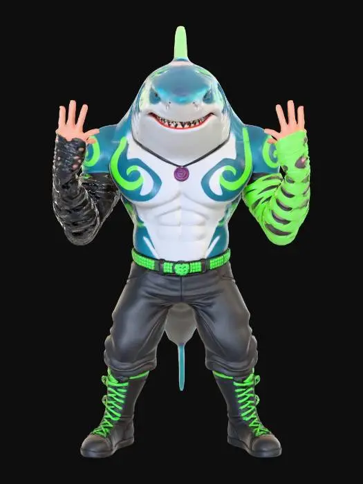 3D model for A shark as the jeff Hardy from WWF drawn Blizzard games, he has mesh arm bands and black wrestler boots, baggy black pants
