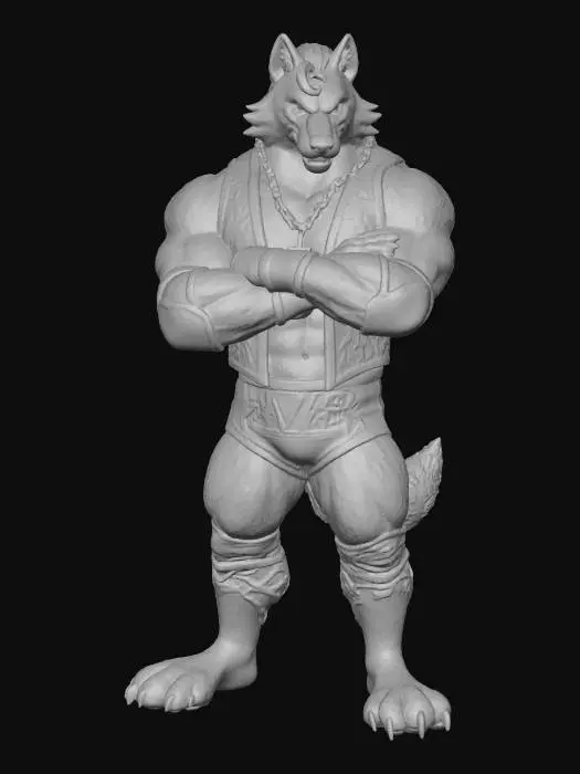 3D model for A wolf as the Razor Ramon from WWF drawn Blizzard games, his outfit is purple and gold, he has a Superman “S” curl hair on his forehead,