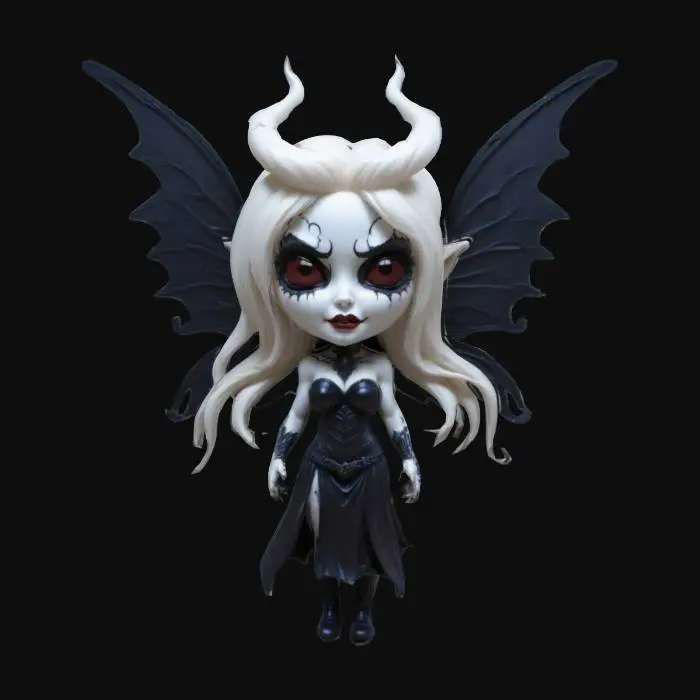 3D model for A fairy inspired by Brian Pulido's Lady Death from the comic book Lady Death . Chibi art style. Menacing pose. Highly stylized. Ensure all walls and features are at least 2mm thick.  Include bold, recessed features with a depth of at least 2mm. Maintain sharp, clean lines. Embossed features to rise at least 2mm above the surface. Recess etched details at least 2mm deep for clarity. DND., #fairy#