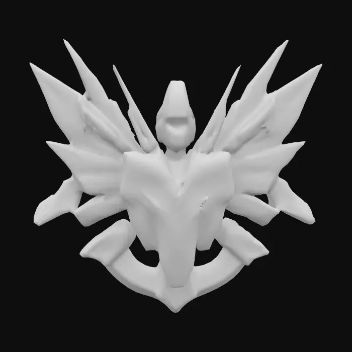 3D model for A high text plastic and metal emblem belonging to a gundamn royal family, it looks like a piece of gundamn synthwave color scheme, armor and has glowing tech aspects , #emblem#