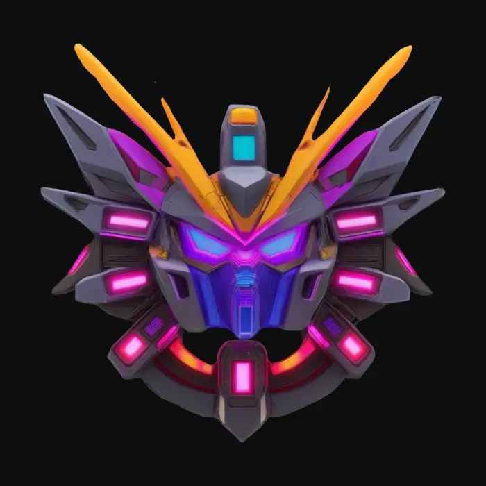 3D model for A high text plastic and metal emblem belonging to a gundamn royal family, it looks like a piece of gundamn synthwave color scheme, armor and has glowing tech aspects , #emblem#