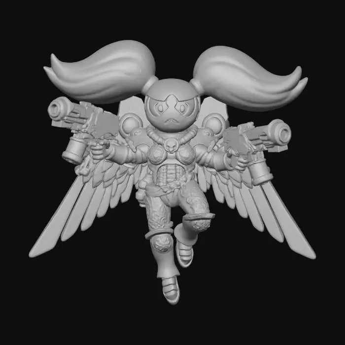 3D model for Bubbles from the powerpuff girls in full Warhammer 40k Space Marine Armor, her hair has blonde pig tails, stylized and minimal,