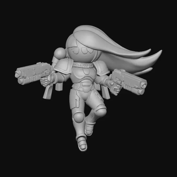 3D model for Blossom from the powerpuff girls in full Warhammer 40k Space Marine Armor, the armor is pink,  she has long orange hair,stylized and minimal,