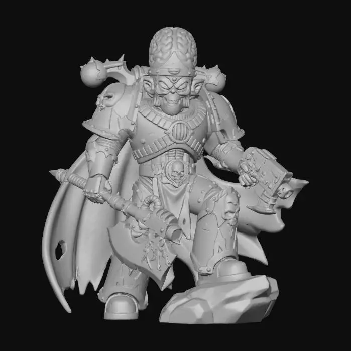 3D model for Mojo Jojo from the powerpuff girls in full Warhammer 40k Chaos Marine Armor , stylized and minimal,