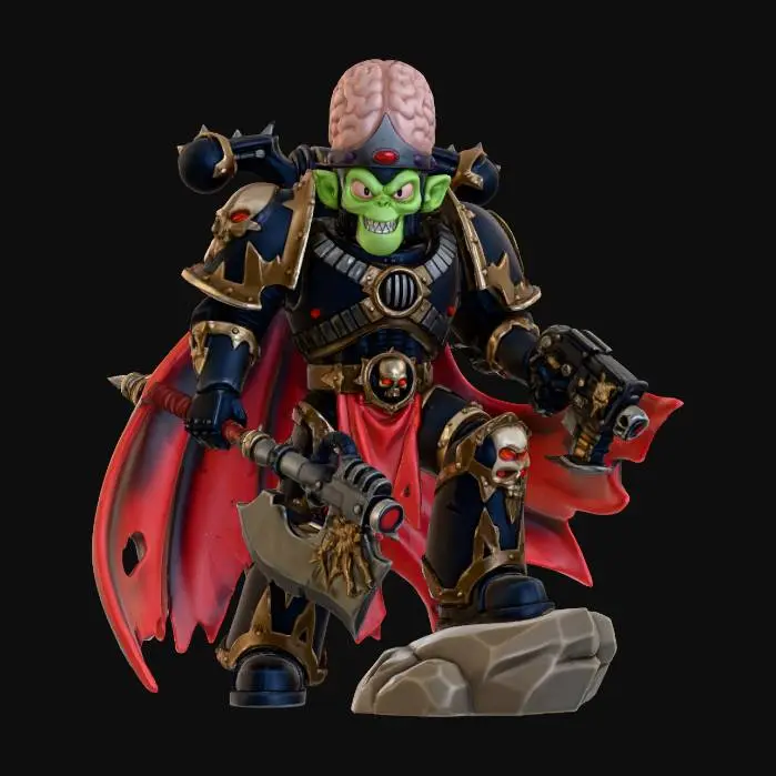 3D model for Mojo Jojo from the powerpuff girls in full Warhammer 40k Chaos Marine Armor , stylized and minimal,