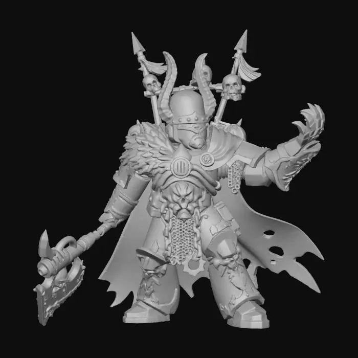 3D model for Mojo Jojo from the powerpuff girls in full Warhammer 40k Chaos Marine Armor , stylized and minimal,