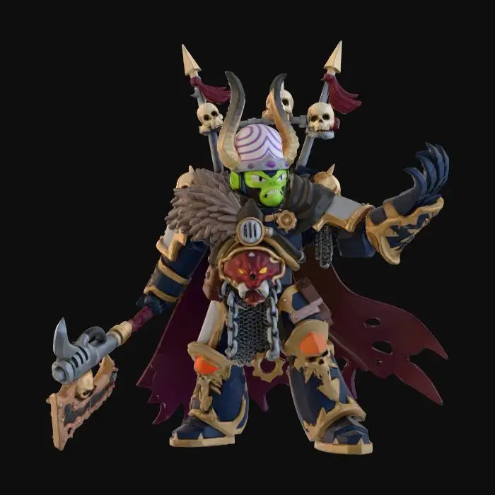 3D model for Mojo Jojo from the powerpuff girls in full Warhammer 40k Chaos Marine Armor , stylized and minimal,