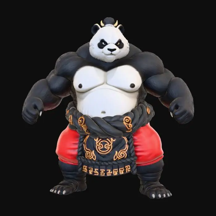 3D model for A panda as the Yokozuna from WWF drawn Blizzard games, he has a black sumo mawashi over red shorts with black foot wraps, his hair is in a sumo top knot