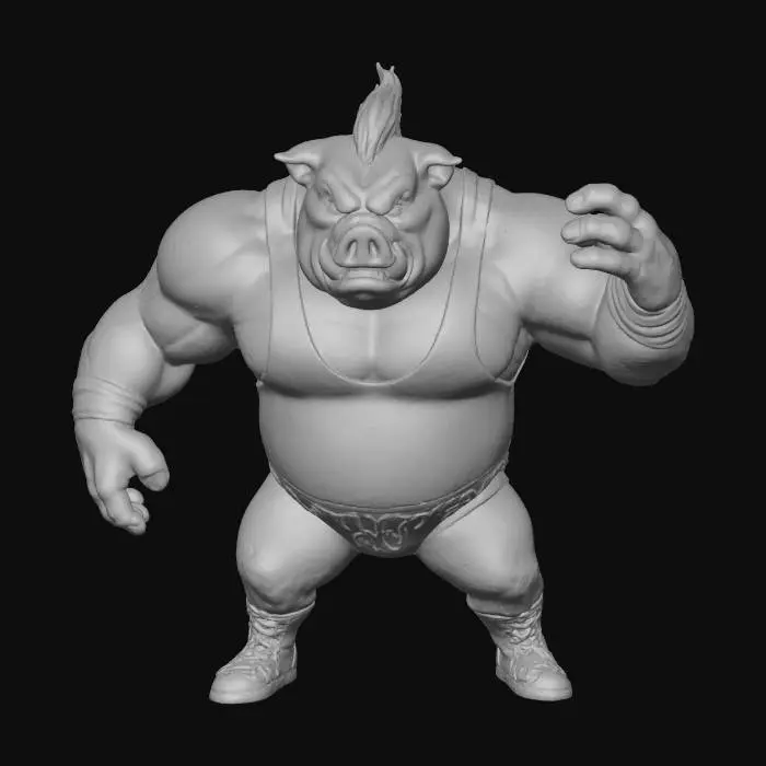 3D model for A pig as the Bam Bam Bigelow from WWF drawn Blizzard games, he is bald with flames painted on his head like hair
