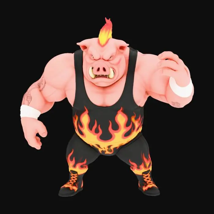 3D model for A pig as the Bam Bam Bigelow from WWF drawn Blizzard games, he is bald with flames painted on his head like hair