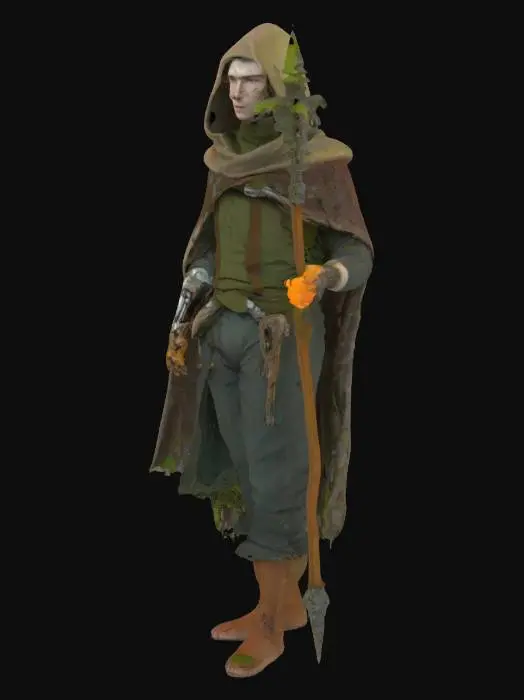 3D model for A male humanoid character that embodies a perfect symbiosis of man, nature, and machine — one-third human male with visible skin and expressive features, one-third covered in natural elements like tree bark, moss, glowing mushrooms, and twisting vines, and one-third enhanced with sleek yet slightly worn cybernetic augmentations (such as a robotic arm, cybernetic eye, and exposed tech implants). He wears rustic, medieval-inspired overalls with a futuristic twist—weathered fabric combined with embedded arcane circuitry. His silhouette suggests a mysterious mage or forest shaman. The design should feel balanced, mystical, and grounded in both organic and technological elements. Stylized, detailed, symmetrical. Ideal for VRChat avatar creation, head-to-toe full-body render.