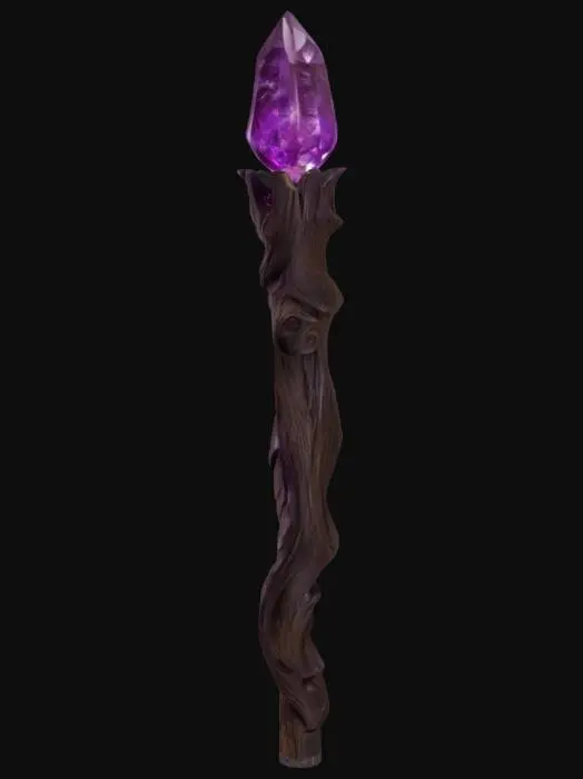 3D model for A mystical mage staff carved from dark, aged wood, with twisted natural grain and a slightly gnarled shape. At the top, roots spiral upward and wrap around a large, vibrant purple crystal, cradling it like a sacred heart. The crystal glows faintly with arcane energy. Intricate glowing purple runes are etched down the length of the staff, pulsing softly with magical power. The design feels ancient and powerful—crafted deep within an enchanted forest by a nature-bound mage. The overall aesthetic is mythical, mysterious, and deeply magical. Stylized, detailed, symmetrical. Full object, ideal for fantasy character gear or VRChat accessory.
