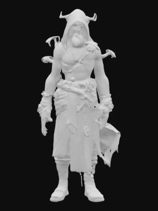 3D model for A male humanoid druid from a forgotten future, radiating ancient power and quiet wisdom. His body is divided in thirds: human flesh with pale, weathered skin and knowing eyes; natural growths like bark, vines, and glowing dark-blue mushrooms; and cybernetic parts engraved with arcane glyphs and softly pulsing lights. He wears a tattered, hooded robe—fused with moss and subtle tech filaments, like a relic of lost civilizations. His presence feels kind but ominous, as if nature, machine, and magic converge within him. Stylized, detailed, symmetrical. Full body, ideal for VRChat avatar creation.