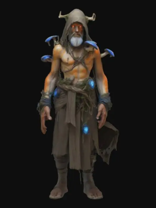 3D model for A male humanoid druid from a forgotten future, radiating ancient power and quiet wisdom. His body is divided in thirds: human flesh with pale, weathered skin and knowing eyes; natural growths like bark, vines, and glowing dark-blue mushrooms; and cybernetic parts engraved with arcane glyphs and softly pulsing lights. He wears a tattered, hooded robe—fused with moss and subtle tech filaments, like a relic of lost civilizations. His presence feels kind but ominous, as if nature, machine, and magic converge within him. Stylized, detailed, symmetrical. Full body, ideal for VRChat avatar creation.