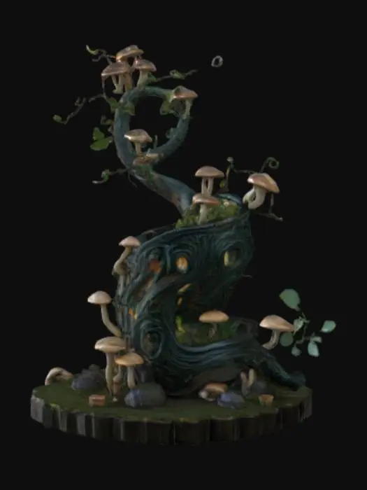 3D model for A beautifully ornate plant pot with a twisting, spiraling design as if grown from enchanted roots. The body of the pot is covered in intricate curling vines, tiny mushrooms sprouting from its edges, and delicate fairy-like carvings. The spirals flow upward like a magical helix, with tiny windows and archways as if tiny woodland fairies live inside. The surface texture combines polished natural wood with shimmering bioluminescent accents and glistening dew drops. Small crystal clusters peek from the spirals, glowing softly in pastel hues of lavender, teal, and gold. The rim of the pot has leaf-like flares curling outward, and subtle runic engravings glow faintly as if infused with forest magic. Highly detailed, whimsical, and fantastical with a mystical mushroom fairy kingdom aesthetic.