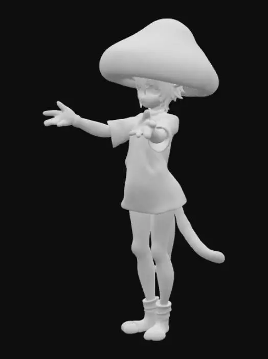 3D model for A male humanoid neko character, standing upright in a relaxed A-pose. He has distinctly catlike features—soft feline ears, a tail, sharp eyes, and subtle whisker markings—while maintaining a mostly humanoid body structure. He wears a large mushroom as part of his attire, evoking folklore and mystical woodland themes. His design emphasizes a deep affinity for nature, with earthy colors, moss, vines, and natural textures adorning his form. The overall aesthetic should blend whimsical mushroom folklore with elegant humanoid proportions, giving him an ethereal, nature-bound aura.