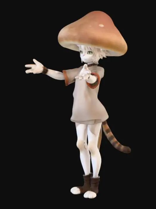 3D model for A male humanoid neko character, standing upright in a relaxed A-pose. He has distinctly catlike features—soft feline ears, a tail, sharp eyes, and subtle whisker markings—while maintaining a mostly humanoid body structure. He wears a large mushroom as part of his attire, evoking folklore and mystical woodland themes. His design emphasizes a deep affinity for nature, with earthy colors, moss, vines, and natural textures adorning his form. The overall aesthetic should blend whimsical mushroom folklore with elegant humanoid proportions, giving him an ethereal, nature-bound aura.