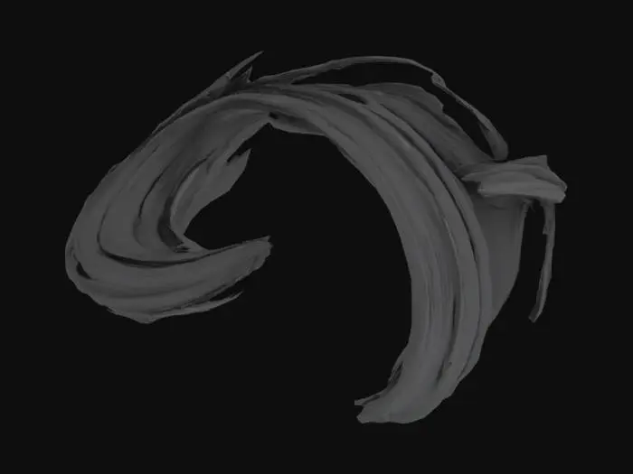 3D model for #arch#, Design an arch shaped like a sweeping ink brushstroke frozen in motion. The arch should have an expressive, curved silhouette, thick at the base and tapering toward the ends, resembling a dynamic calligraphy stroke. The surface should resemble textured ink or matte black paint, with visible streaks or grooves to suggest brush bristles. Add subtle flowing gradients or ink splatter accents to reinforce the painted aesthetic. Avoid symmetry—make it feel fluid and natural, like a stroke captured mid-gesture. Keep the base grounded and the overall form airy, elegant, and full of motion.
