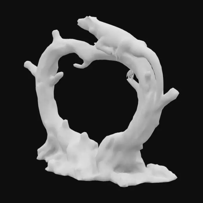 3D model for #arch#, Craft a 3D arch design where an elegant iguana drapes naturally over a prominent, gnarled tree branch that forms a striking arch shape. The branch occupies a significant spatial presence with an expansive, weathered bark marked by deep knots and twisting textures, emphasizing its rugged character. The iguana’s sinuous, scaled body mirrors the arch’s graceful curve, merging organically with the branch. Enhance the model with fine details—capturing subtle scale variations, dynamic shadow interplay, and intricate bark textures—to evoke a blend of hyper-realism and artistic surrealism, creating an enchanting natural sculpture that captivates and inspires.
