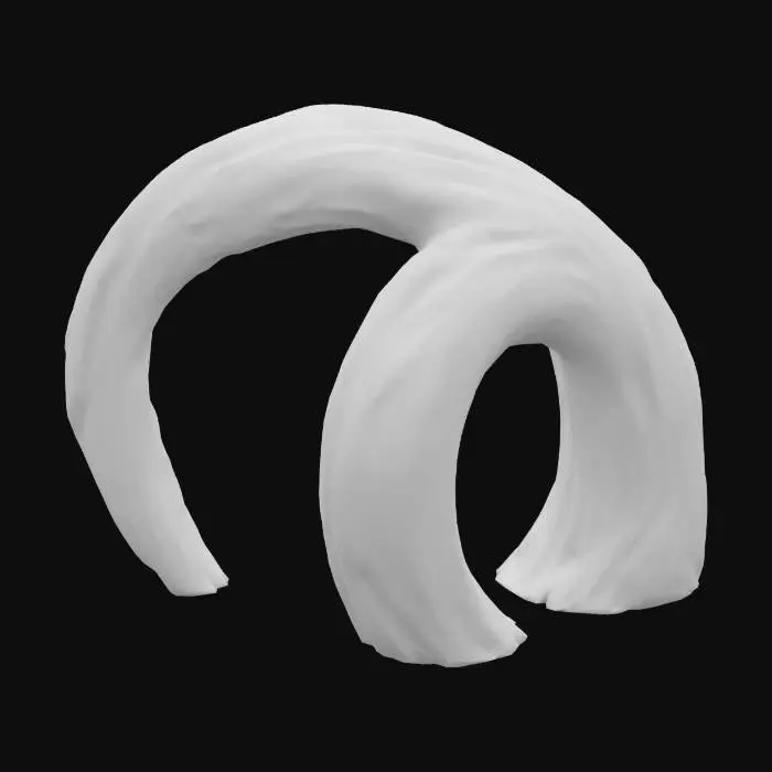 3D model for #arch#, Design an arch shaped like a sweeping ink brushstroke frozen in motion. The arch should have an expressive, curved silhouette, thick at the base and tapering toward the ends, resembling a dynamic calligraphy stroke. The surface should resemble textured ink or matte black paint, with visible streaks or grooves to suggest brush bristles. Add subtle flowing gradients or ink splatter accents to reinforce the painted aesthetic. Avoid symmetry—make it feel fluid and natural, like a stroke captured mid-gesture. Keep the base grounded and the overall form airy, elegant, and full of motion.
