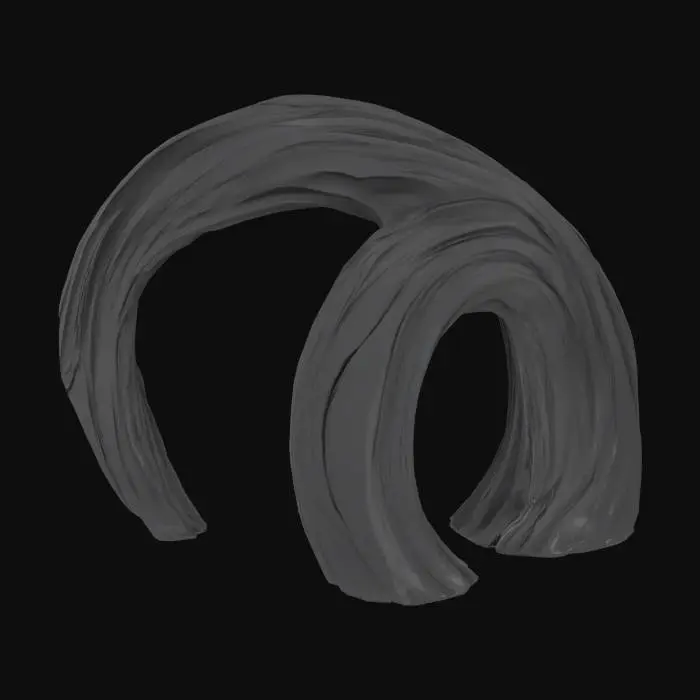 3D model for #arch#, Design an arch shaped like a sweeping ink brushstroke frozen in motion. The arch should have an expressive, curved silhouette, thick at the base and tapering toward the ends, resembling a dynamic calligraphy stroke. The surface should resemble textured ink or matte black paint, with visible streaks or grooves to suggest brush bristles. Add subtle flowing gradients or ink splatter accents to reinforce the painted aesthetic. Avoid symmetry—make it feel fluid and natural, like a stroke captured mid-gesture. Keep the base grounded and the overall form airy, elegant, and full of motion.
