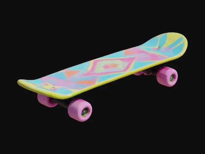 3D model for a skateboard. old school. 80s. Vaporwave aesthetic. neon wheels.