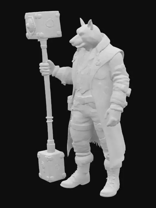 3D model for A steampunk hooligan wielding a rocket powered sledgehammer. He's wearing a tattered victorian era suit and is wearing a wolf mask. Realistic. neutral pose. highly detailed. 