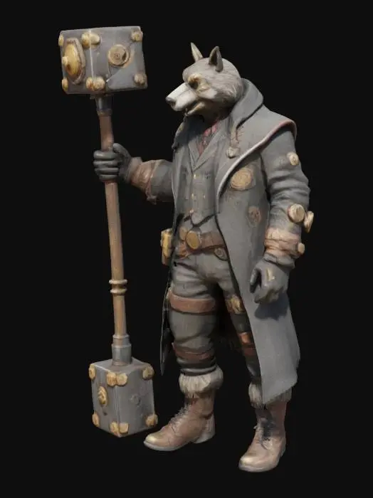 3D model for A steampunk hooligan wielding a rocket powered sledgehammer. He's wearing a tattered victorian era suit and is wearing a wolf mask. Realistic. neutral pose. highly detailed. 
