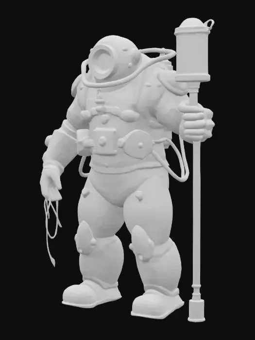 3D model for Big Daddy from BioShock, full body, A-pose, no background. Bulky armored diving suit with glowing porthole helmet, large drill arm, and worn, rusted metal textures. Industrial, underwater aesthetic with visible bolts, tubes, and heavy boots. Highly detailed, game-ready style.