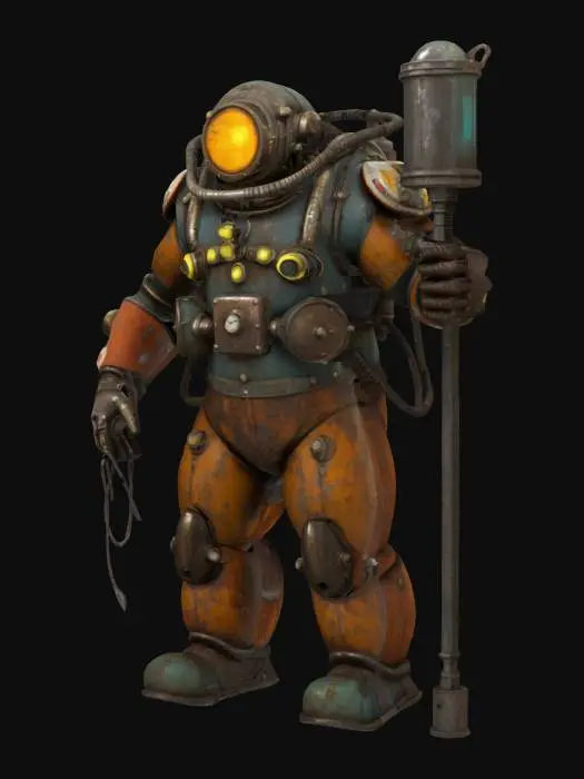 3D model for Big Daddy from BioShock, full body, A-pose, no background. Bulky armored diving suit with glowing porthole helmet, large drill arm, and worn, rusted metal textures. Industrial, underwater aesthetic with visible bolts, tubes, and heavy boots. Highly detailed, game-ready style.