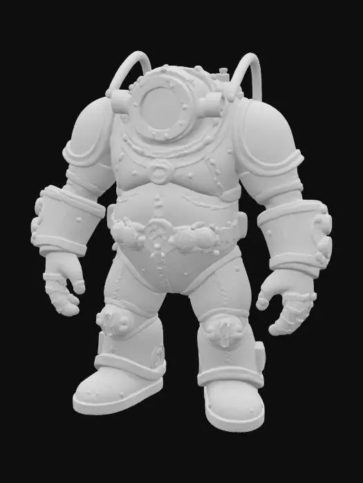 3D model for Big Daddy from BioShock, full body, A-pose, no background. Bulky armored diving suit with glowing porthole helmet, large drill arm, and worn, rusted metal textures. Industrial, underwater aesthetic with visible bolts, tubes, and heavy boots. Highly detailed, game-ready style.