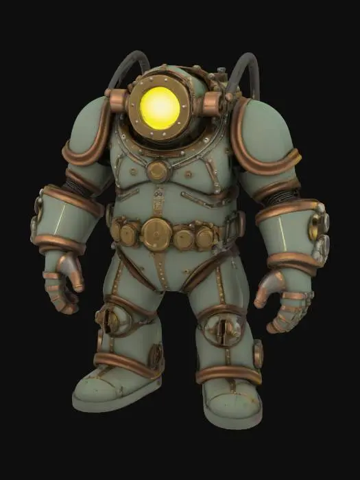 3D model for Big Daddy from BioShock, full body, A-pose, no background. Bulky armored diving suit with glowing porthole helmet, large drill arm, and worn, rusted metal textures. Industrial, underwater aesthetic with visible bolts, tubes, and heavy boots. Highly detailed, game-ready style.