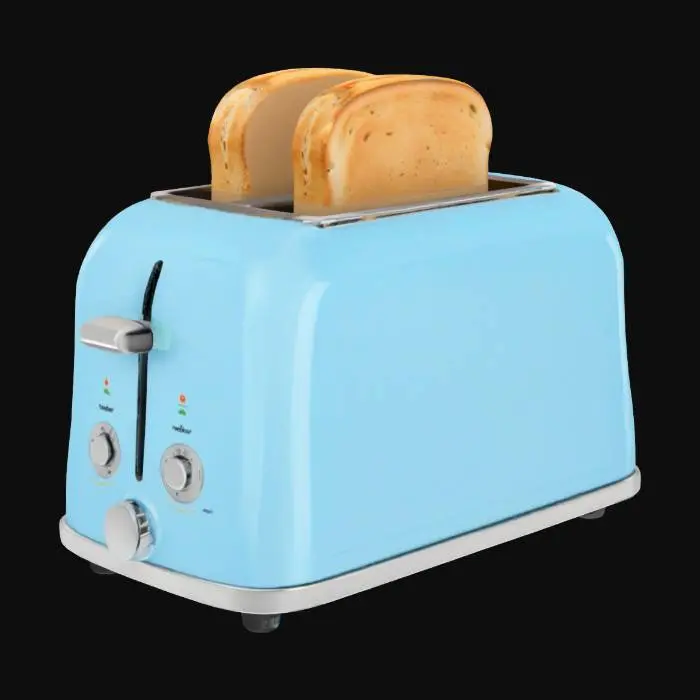 3D model for A brand new toaster for a modern kitchen. Clean blue color. For three slices of bread