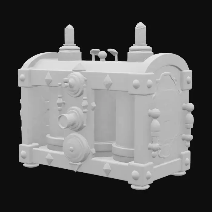 3D model for A steampunk-style mechanical device made of metal and wood. The main body is a wooden and metal-framed box housing two green energy canisters with rune-like metal engravings. The front features brass knobs and gauges for monitoring energy or pressure. Metal pipes extend from the sides, connecting to a cylindrical unit with diamond-shaped decorations. Antennas and mechanical rods are mounted on the top and back, blending magic with technology for a mysterious and advanced loo