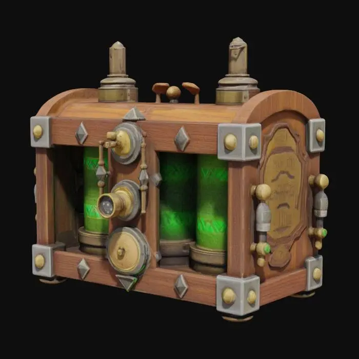3D model for A steampunk-style mechanical device made of metal and wood. The main body is a wooden and metal-framed box housing two green energy canisters with rune-like metal engravings. The front features brass knobs and gauges for monitoring energy or pressure. Metal pipes extend from the sides, connecting to a cylindrical unit with diamond-shaped decorations. Antennas and mechanical rods are mounted on the top and back, blending magic with technology for a mysterious and advanced loo
