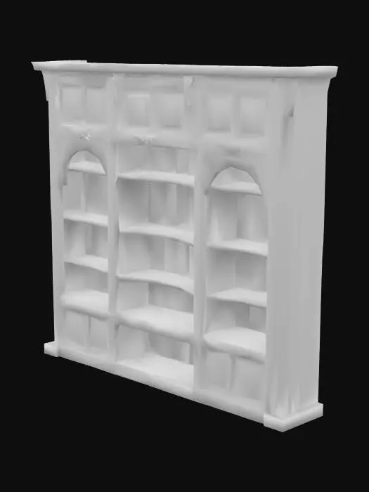 3D model for A medieval rustic wooden bookcase made of rough, aged wood.  Empty shelves. Highly stylized. Ensure all walls and features are at least 2mm thick.  Include bold, recessed features with a depth of at least 2mm. Maintain sharp, clean lines. Embossed features to rise at least 2mm above the surface. Recess etched details at least 2mm deep for clarity. DND.