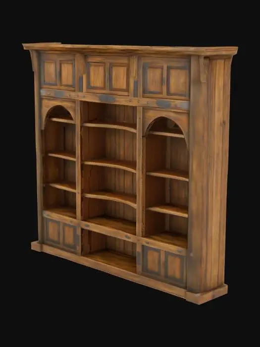 3D model for A medieval rustic wooden bookcase made of rough, aged wood.  Empty shelves. Highly stylized. Ensure all walls and features are at least 2mm thick.  Include bold, recessed features with a depth of at least 2mm. Maintain sharp, clean lines. Embossed features to rise at least 2mm above the surface. Recess etched details at least 2mm deep for clarity. DND.