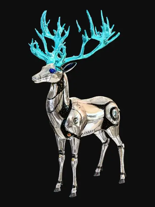 3D model for #Christmas2025#, A majestic, futuristic deer-like automaton, its sleek body composed of shimmering chrome and polished brass panels. Elegant, crystalline antlers glow with an ethereal blue light, complementing intricate circuitry visible beneath translucent outer plating. Its structure is robust yet graceful, featuring finely etched patterns on its smooth, cold metallic hide, giving it a high-tech festive appearance.