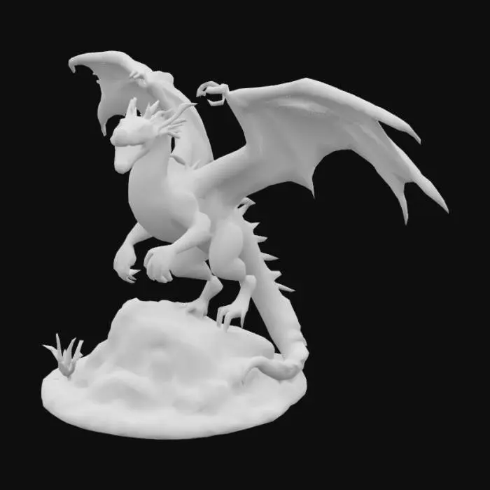 3D model for eine drachen figur die feuer spalt und auf einem Felsen steht