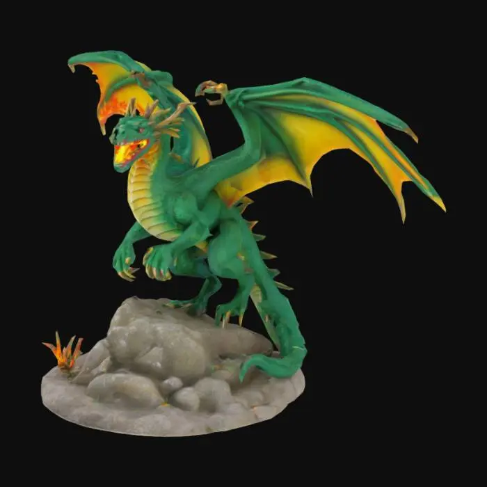 3D model for eine drachen figur die feuer spalt und auf einem Felsen steht