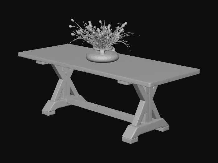 3D model for the object is a wooden dining table you would see in a farm house with a center piece