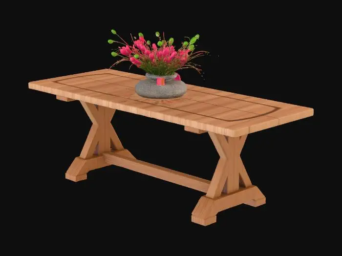 3D model for the object is a wooden dining table you would see in a farm house with a center piece