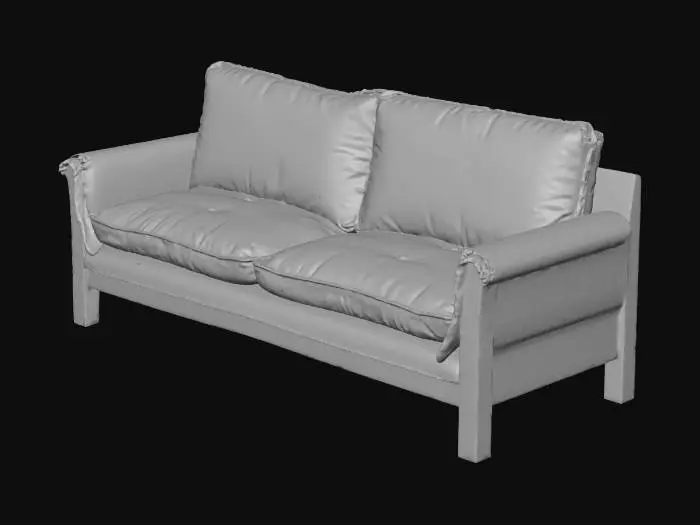 3D model for the object is a sunken in well worn plush sofa from the 1990s, wooden frame with a blue cloth