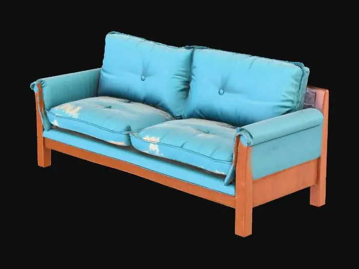 3D model for the object is a sunken in well worn plush sofa from the 1990s, wooden frame with a blue cloth