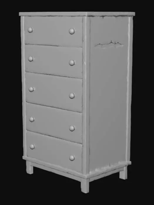 3D model for the object is a 4 drawer tall wooden dresser from the 1990s laminate wood