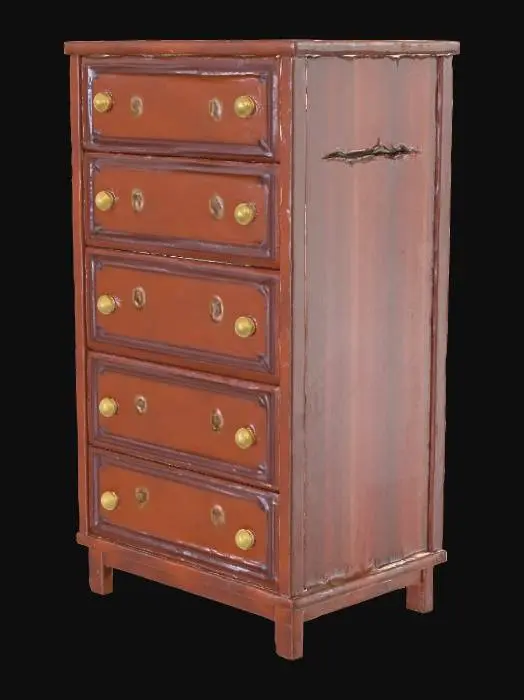 3D model for the object is a 4 drawer tall wooden dresser from the 1990s laminate wood