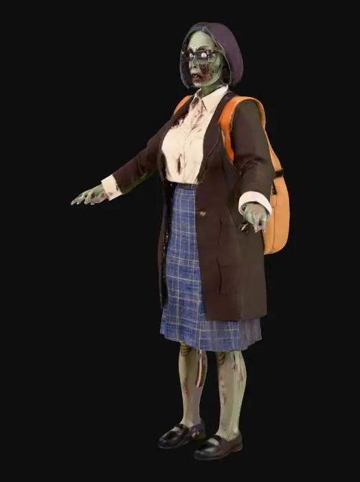 3D model for t posed librarian zombie with glasses and a backpack
