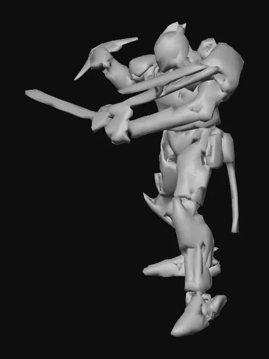 3D model for A fighting robot in Kung Fu style, infused with cyberpunk aesthetics and wielding a glowing lightning sword, is depicted amidst a rainy futuristic city. Suggestion: For better 3D results, consider simplifying the background to focus on the robot and ensuring distinct separation of the sword's glow.