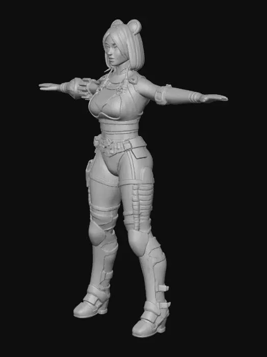 3D model for Cyberpunk street fighter in a futuristic city, standing in a combat pose under neon lights. Wearing armored clothing with LED details, a mechanical arm, and high-heeled boots.