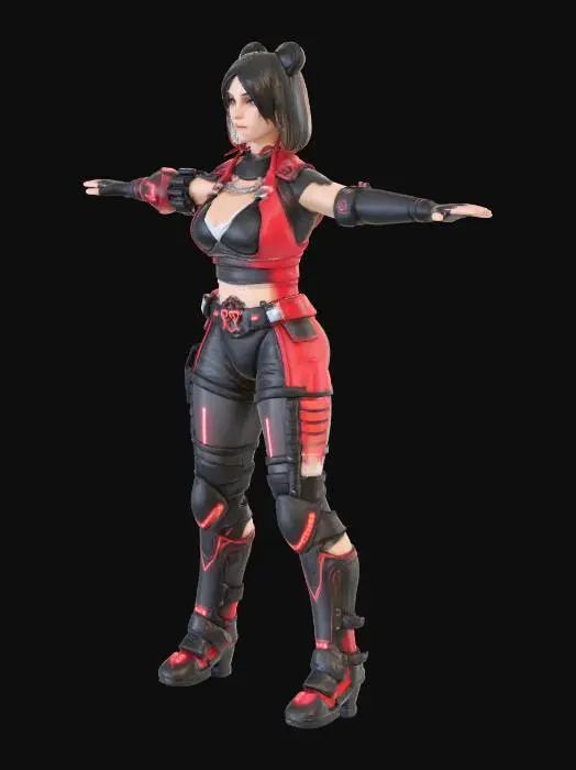3D model for Cyberpunk street fighter in a futuristic city, standing in a combat pose under neon lights. Wearing armored clothing with LED details, a mechanical arm, and high-heeled boots.